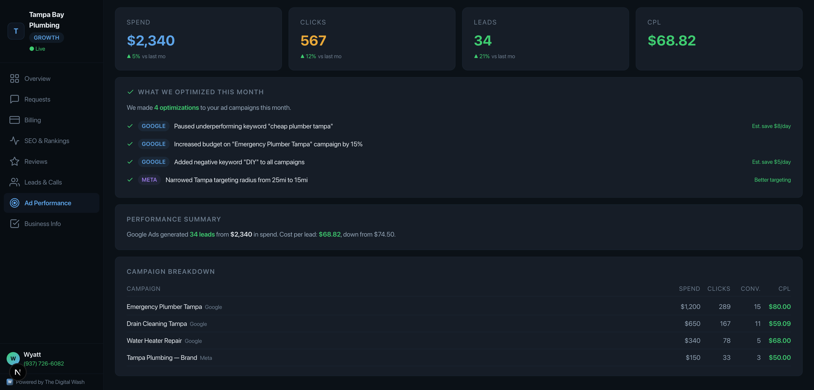 Client portal ads dashboard showing campaign performance